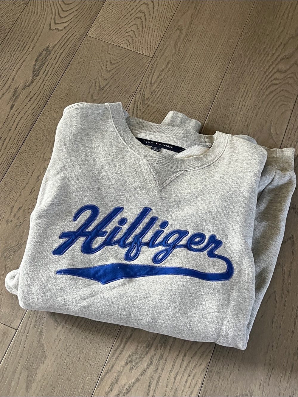 Tommy Hilfiger Light Gray Crewneck Sweater with Blue Script Logo